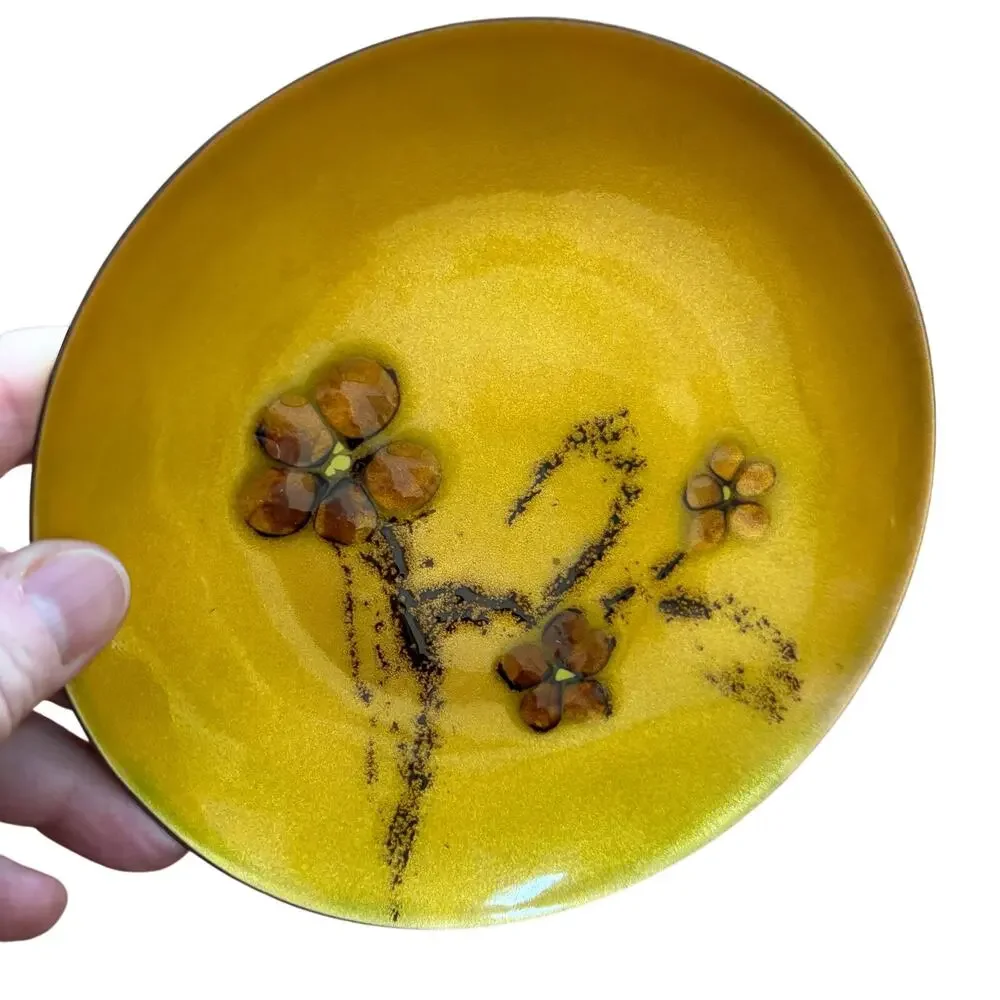 Vintage Mid Century plate enamel on copper dish mod artisan 6” gold flowers